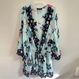 Lane Bryant Teal Floral Gauze Kimono Cover Up Womens Size 22/24 Tie Front